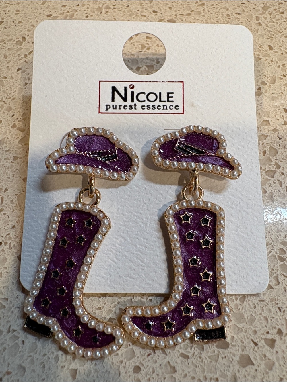 Nicole NWT Purple Cowboy Boot and Hat Drop Earrings